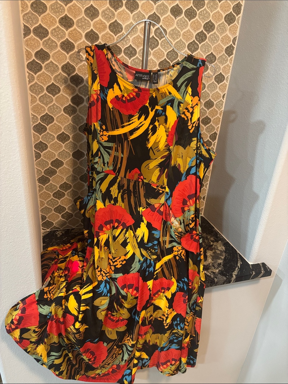 Attitudes by Renee Black Midi Dress with Red, Yellow & Blue Floral Print